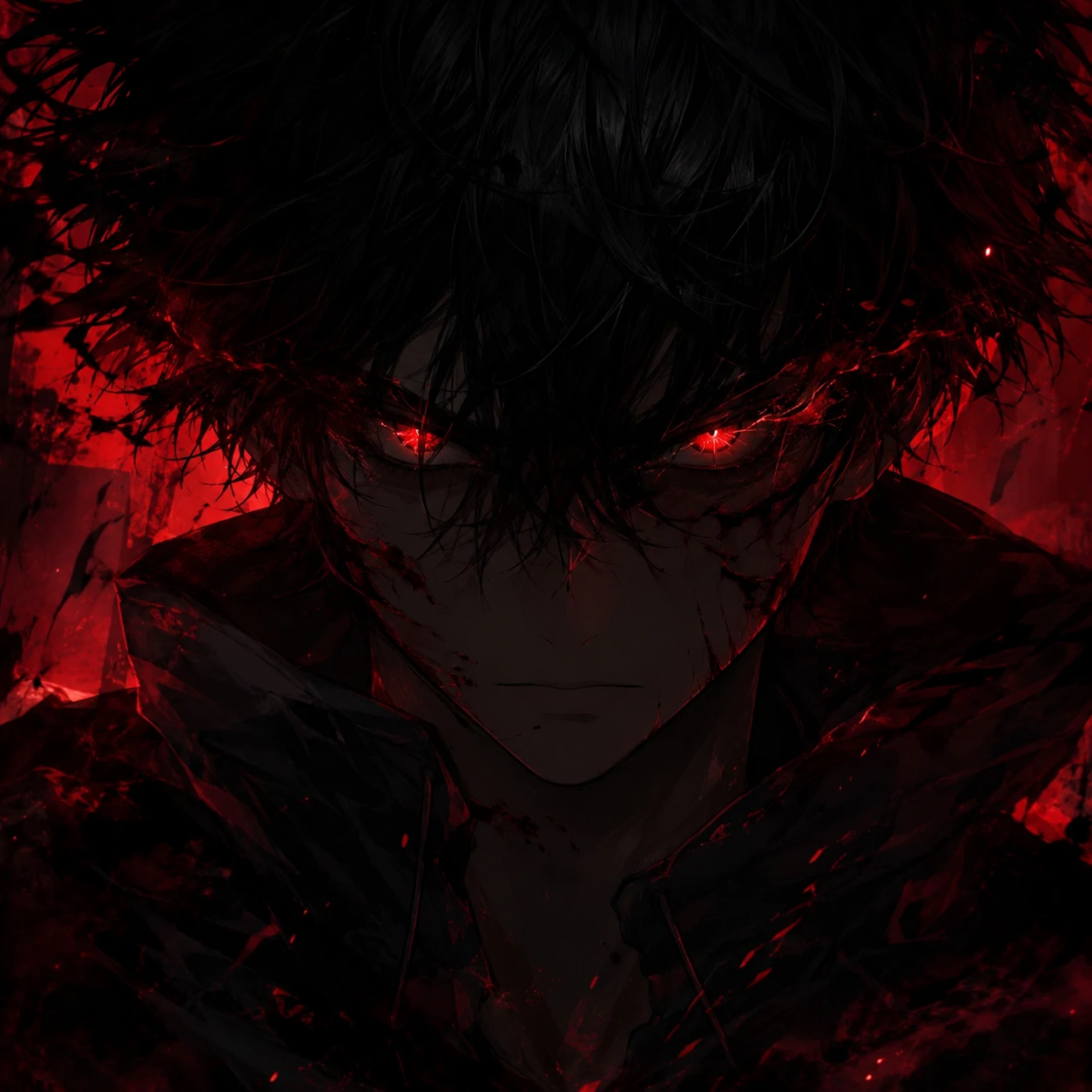Dark anime boy PFP with black hair and intense red glowing eyes