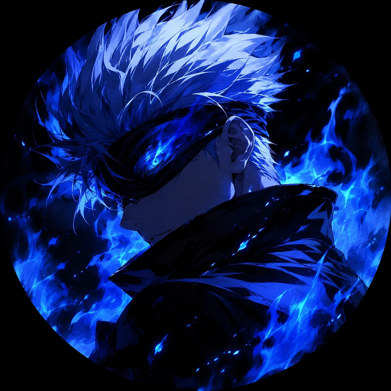 Dark blue flame Gojo profile picture with moody anime energy effects