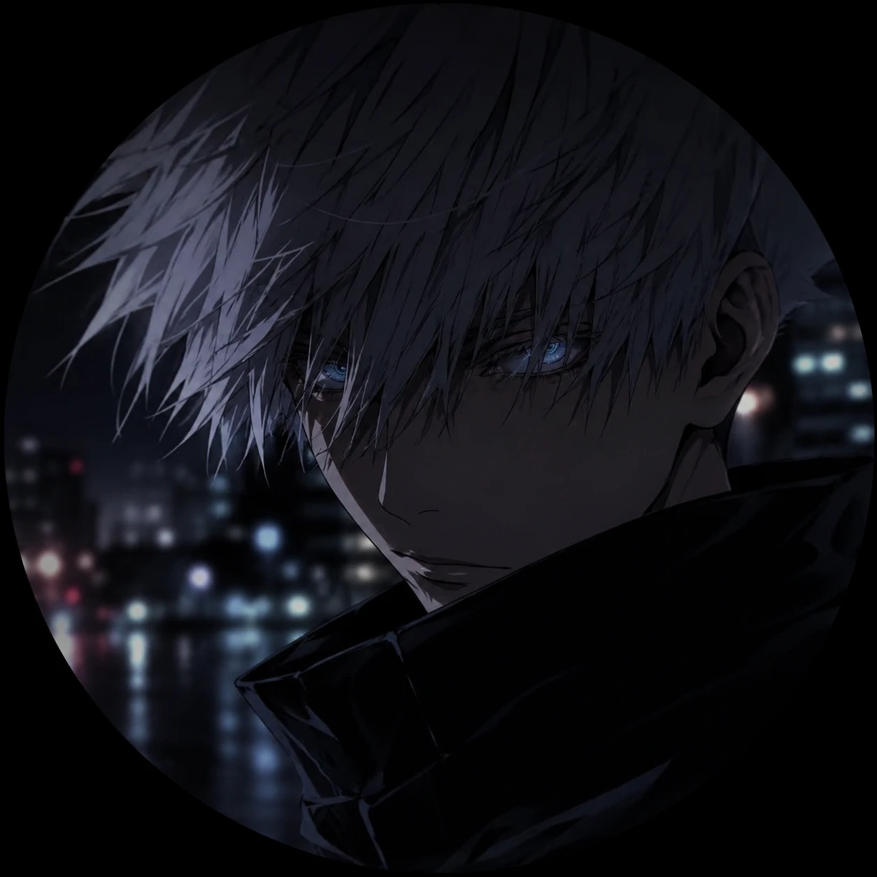 Night-style dark Gojo icon with blurred background and intense close-up