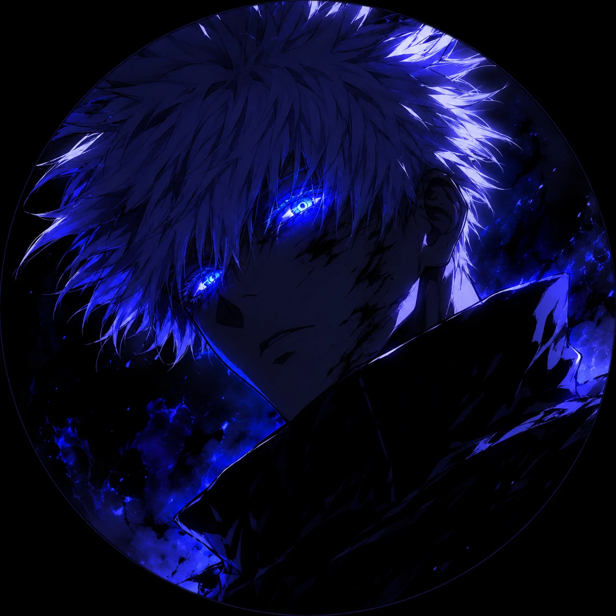 Gojo dark icon with glowing eyes and high-contrast anime lighting
