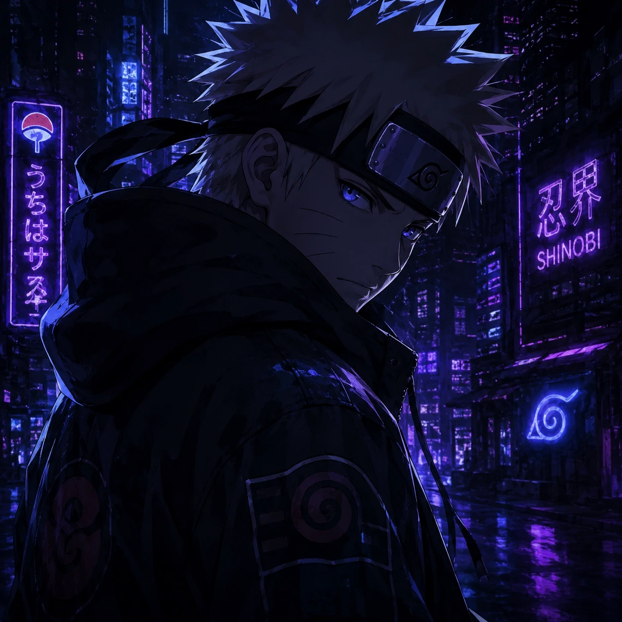 Dark modern Naruto PFP wearing black hoodie edit with cold neon lighting