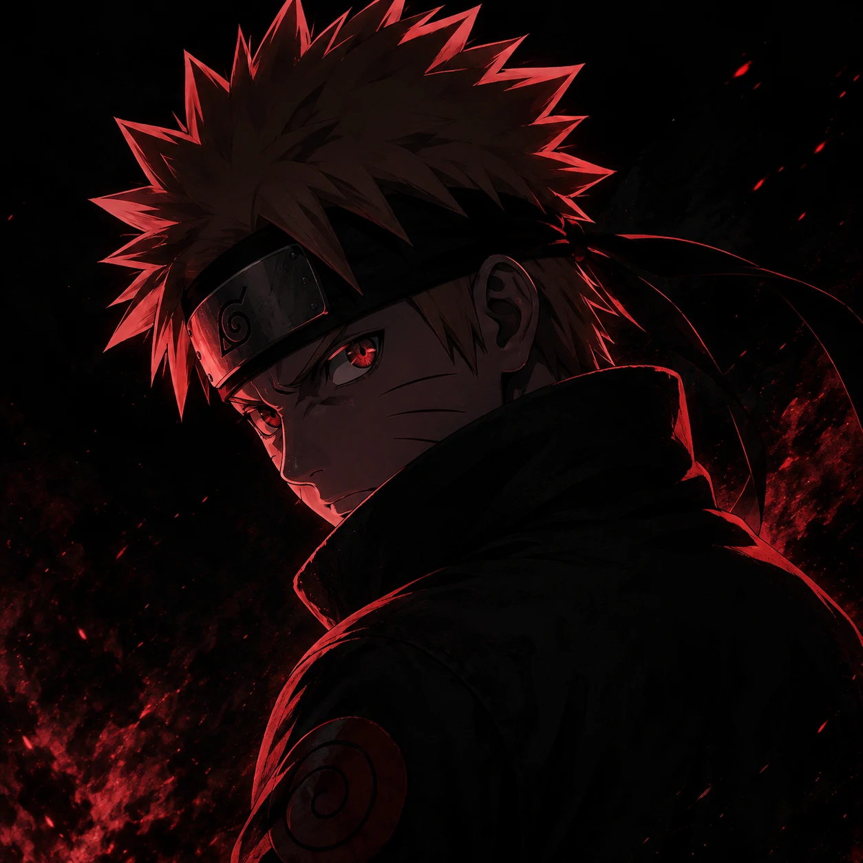 Dark Shippuden Naruto PFP with black background and red rim lighting