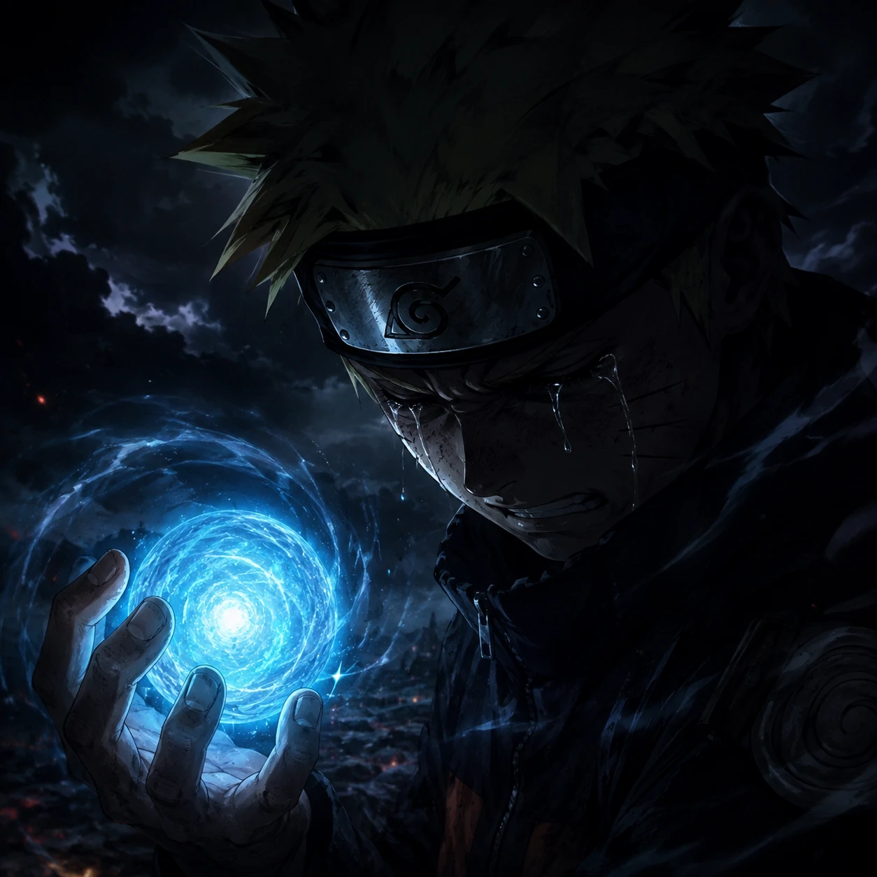 Dark Naruto PFP with shadowed crying face and glowing Rasengan