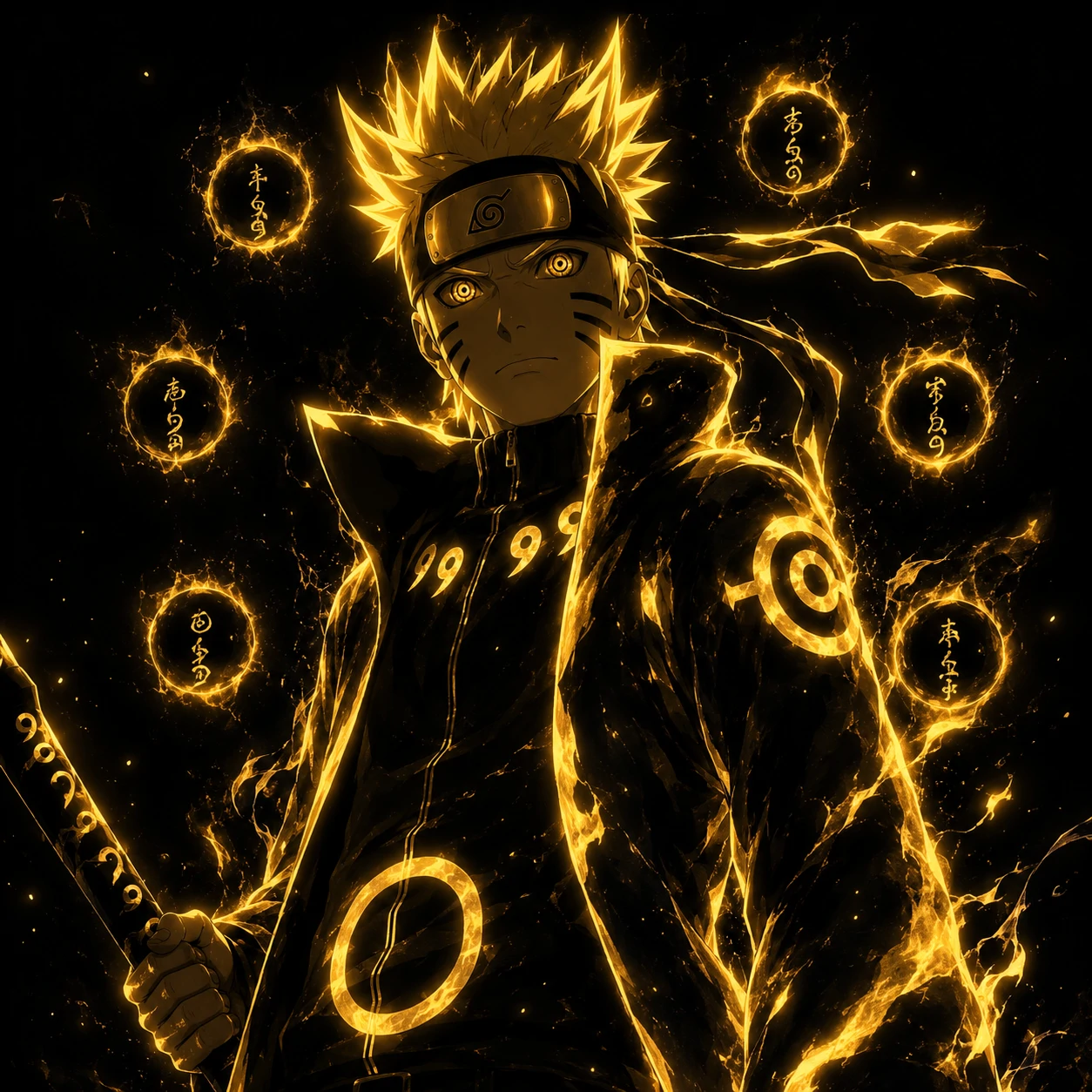 Dark Naruto PFP in Six Paths Sage Mode with black background and glowing seals