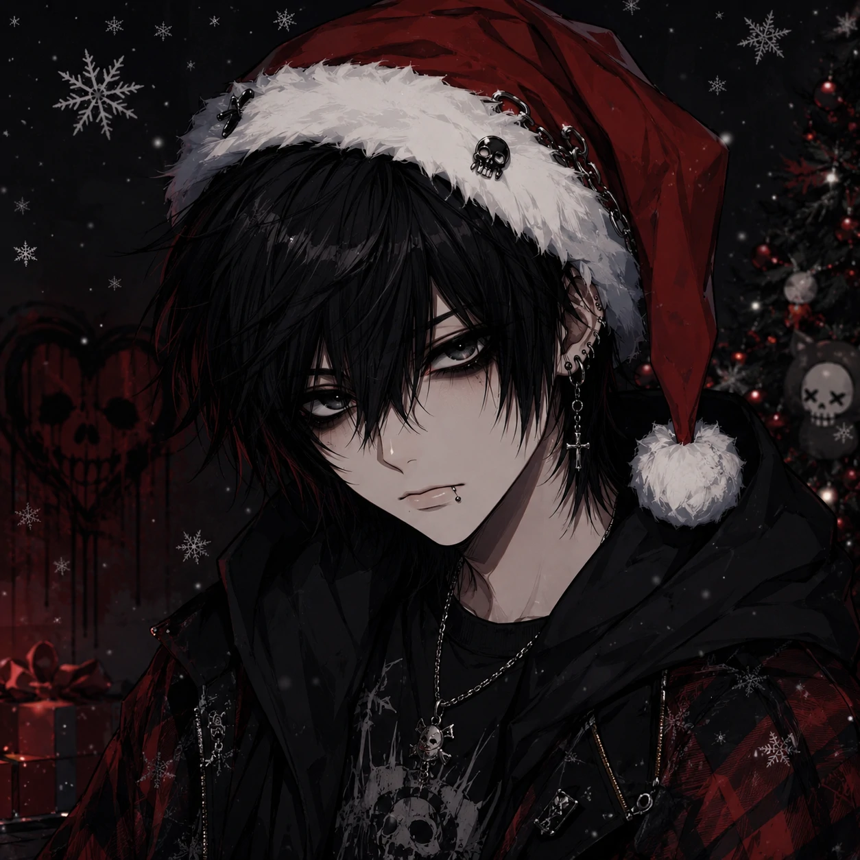 Christmas Discord PFP of an emo-styled anime character with black hair and a lopsided Santa hat