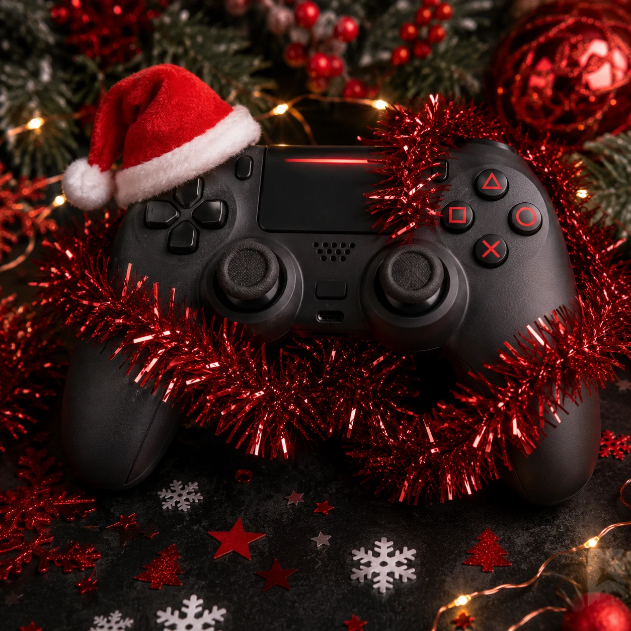 Christmas Discord PFP of a game controller wrapped in red tinsel with a small Santa hat sticker