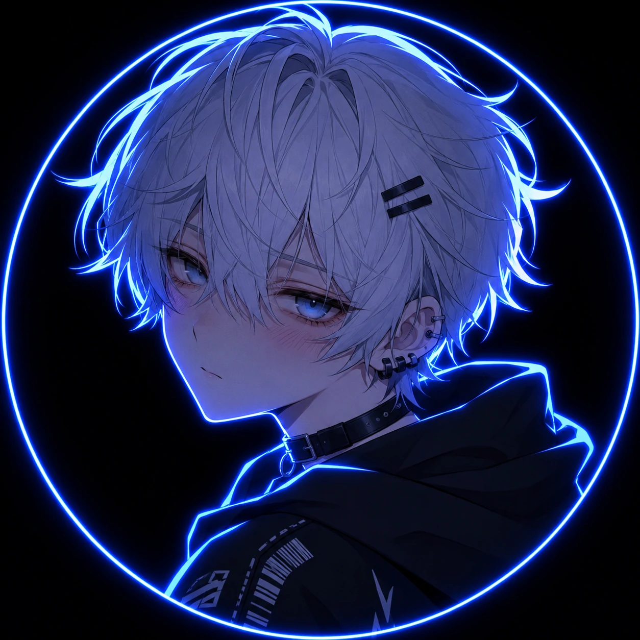 Discord femboy profile picture with blue neon outline and short silver hair