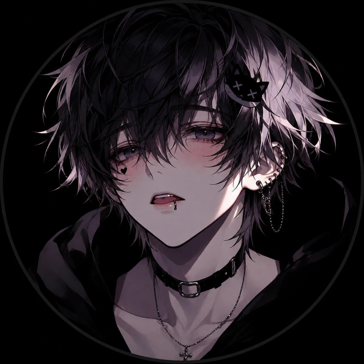 Discord femboy pfp with high contrast anime face and dark background
