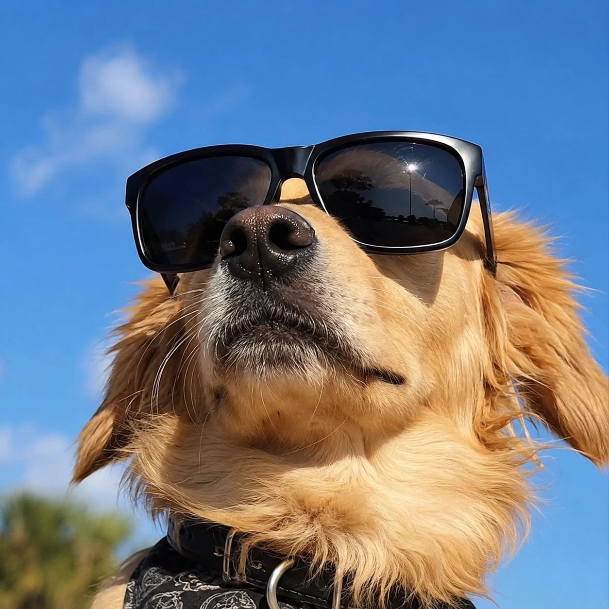 Funny dog wearing oversized sunglasses with confident stare