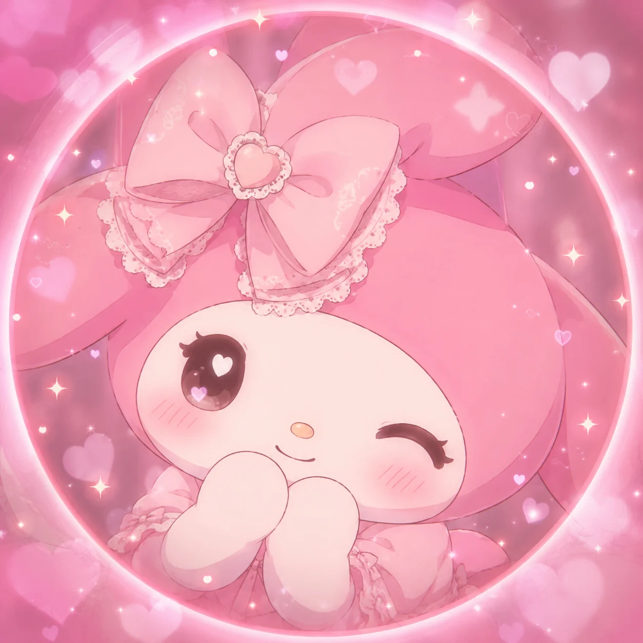 Dreamy anime My Melody PFP with blush filter and pink glow effect