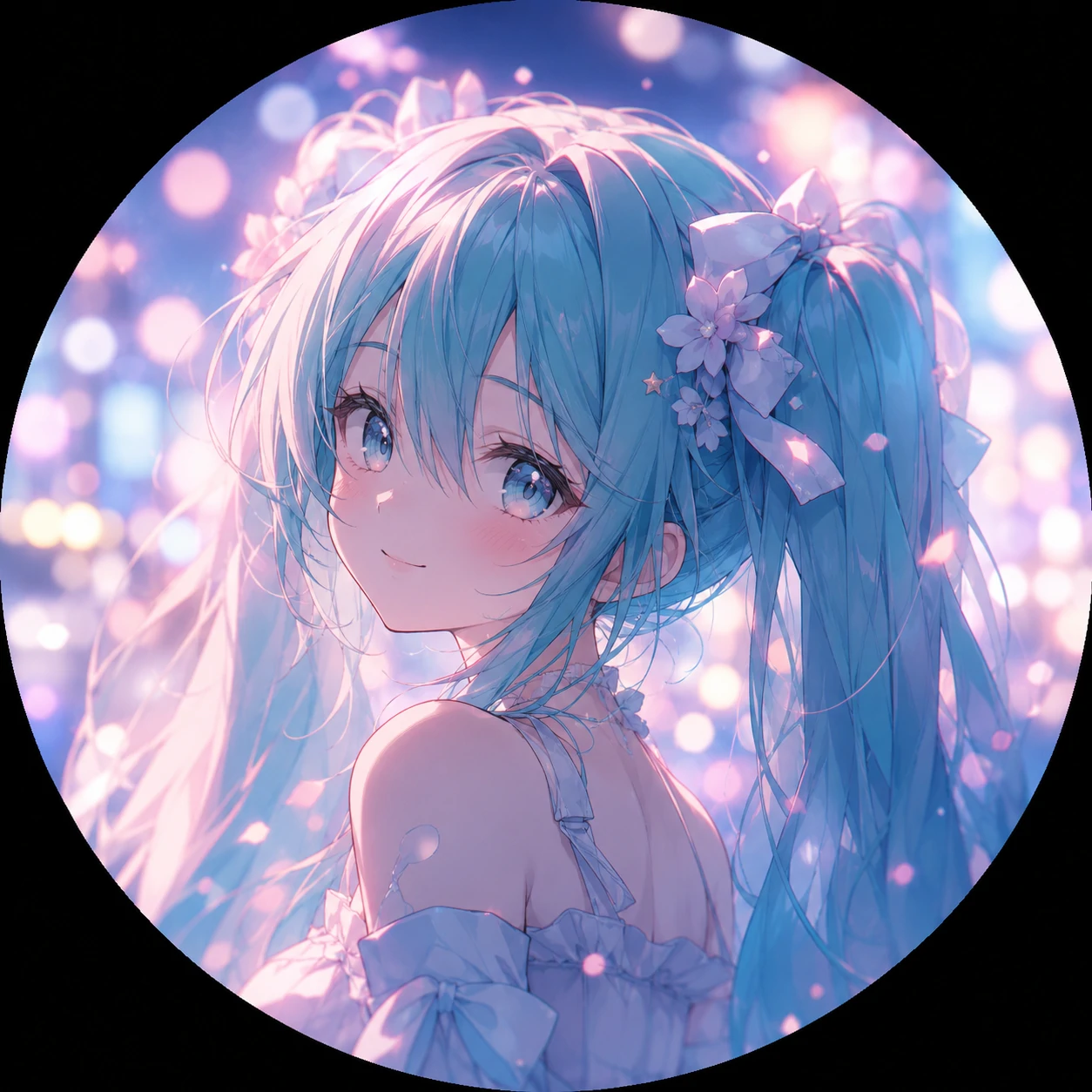 Dreamy Miku aesthetic profile picture with bokeh lights and soft anime shading