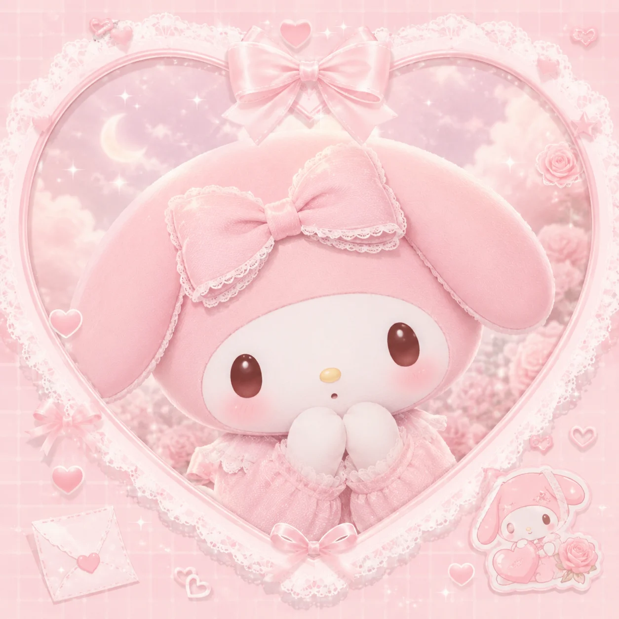 Dreamy My Melody PFP with heart frame and pale pink aesthetic details