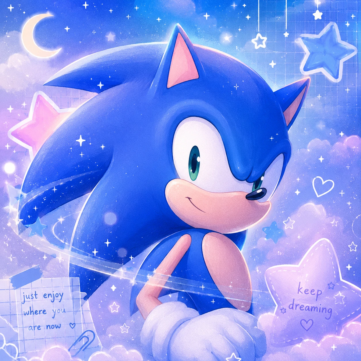 Dreamy blue Sonic aesthetic avatar with soft starfield.