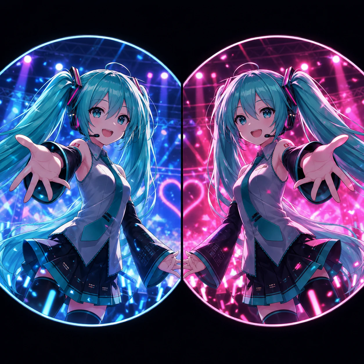 Matching Miku profile pictures on concert stage with linked poses and vivid lighting