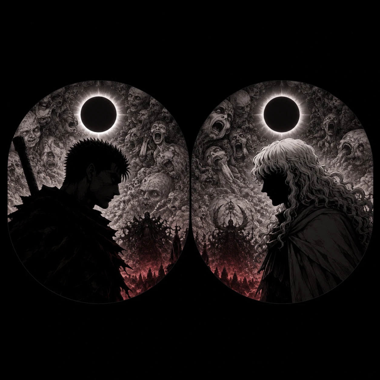 Dark eclipse themed matching avatar set showing Guts and Griffith silhouettes