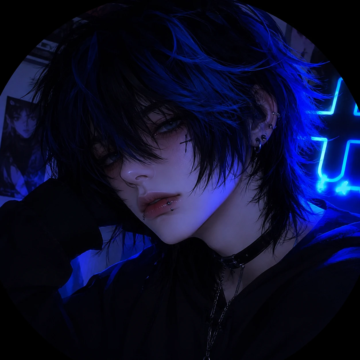 Emo femboy pfp with blue black hair and moody neon glow