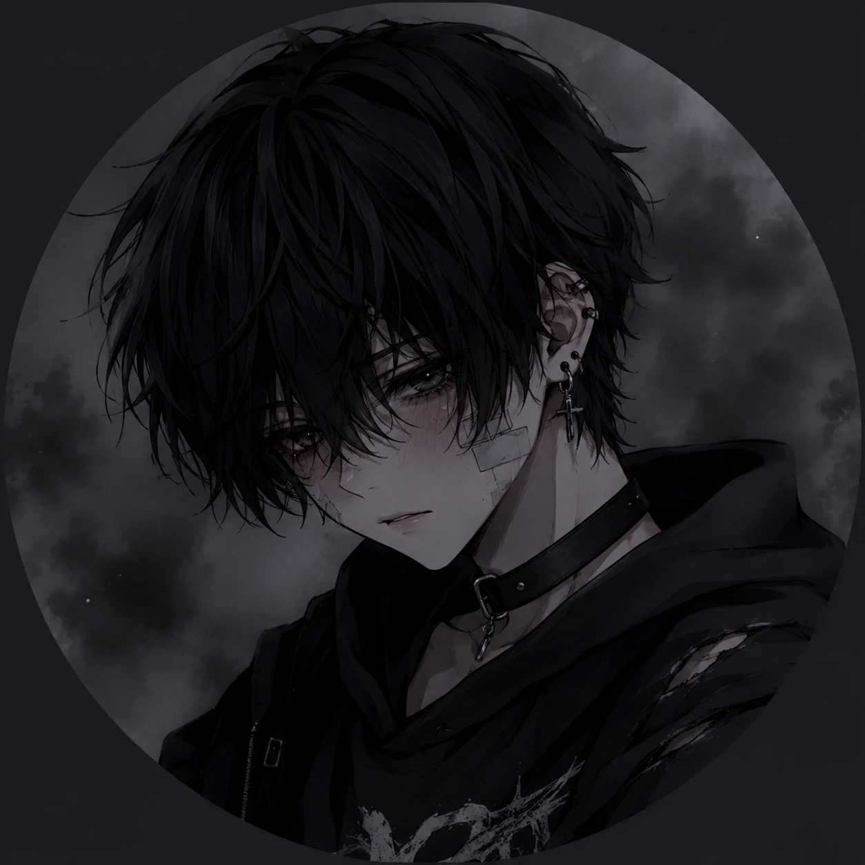 Emo anime femboy pfp with sad expression and smoky gray background