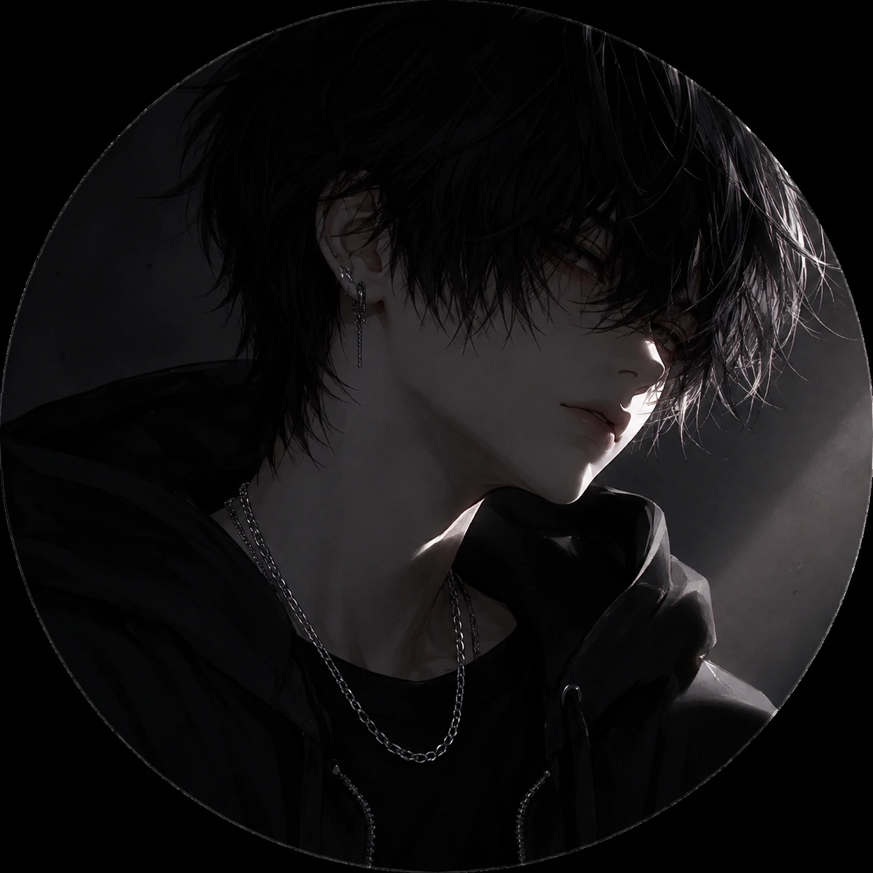 Emo femboy pfp with silver chain, dark hoodie, and side lighting