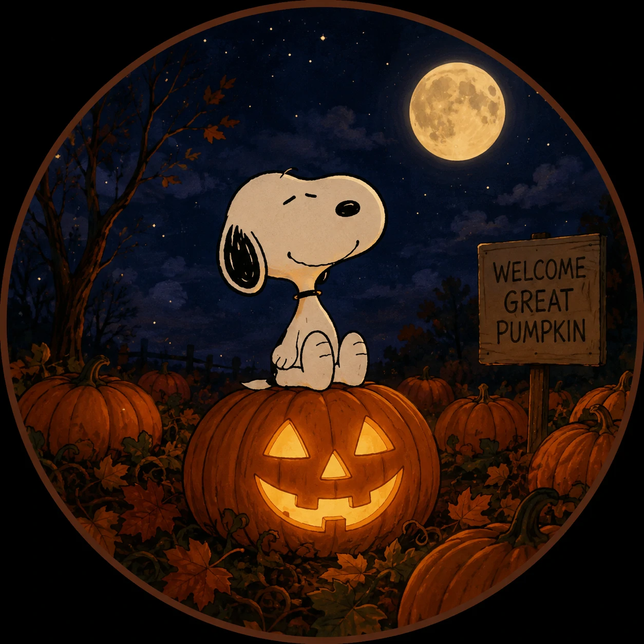 Snoopy at night with pumpkins in a fall-themed profile picture