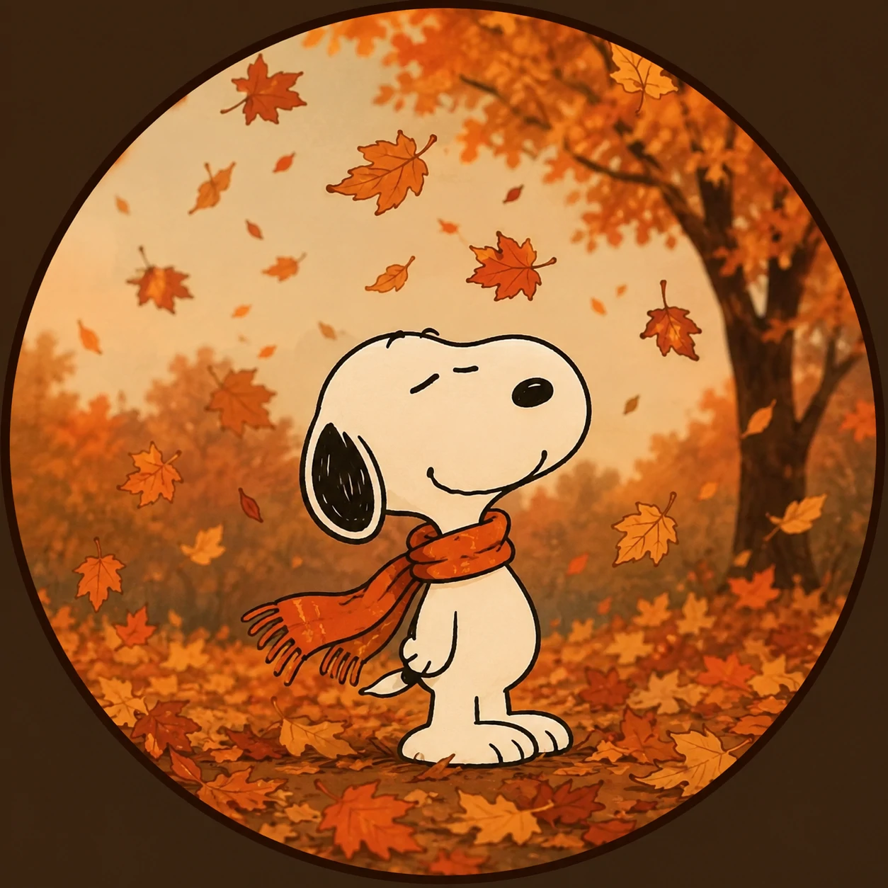 Snoopy under falling leaves in a warm autumn profile picture
