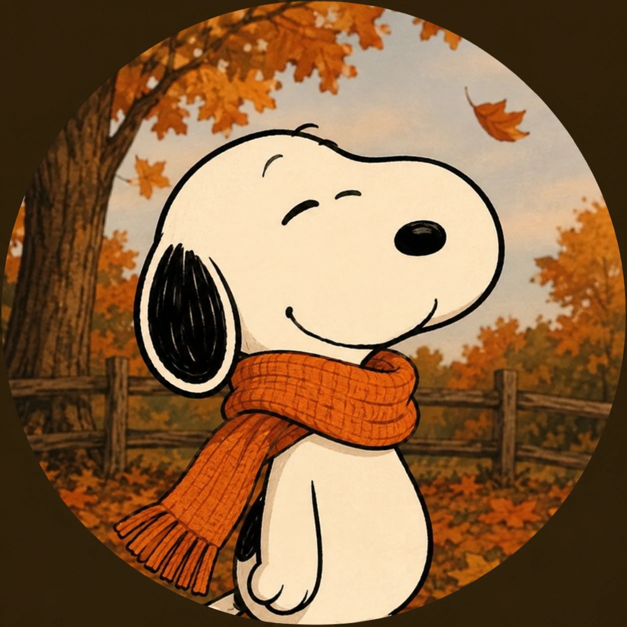 Snoopy wearing an orange scarf in a fall profile picture
