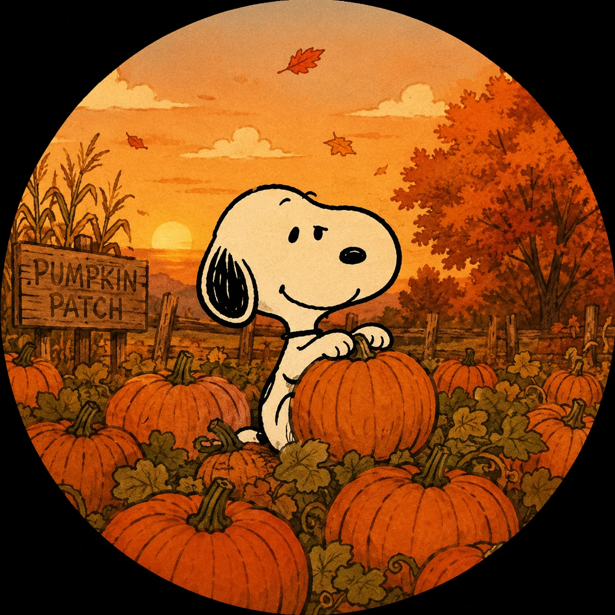 Snoopy in a pumpkin patch for a cozy fall Snoopy PFP