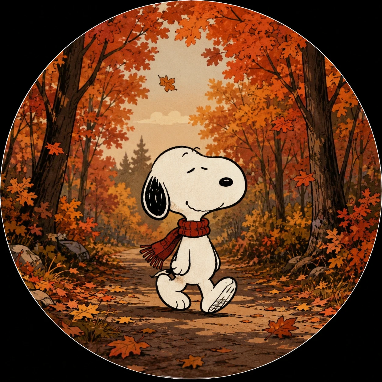 Snoopy walking through autumn trees in a fall profile picture