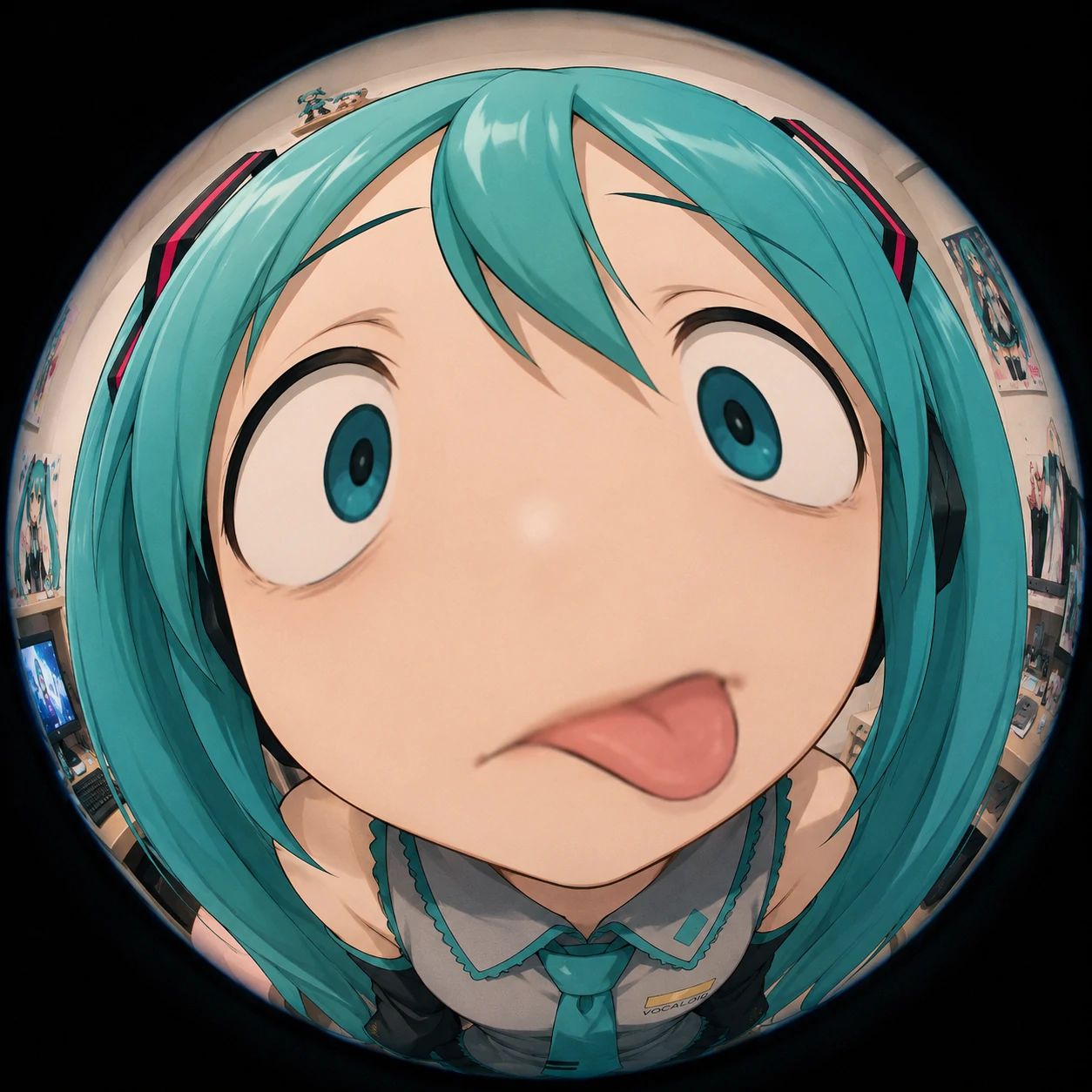 Funny Miku meme icon with fisheye distortion and playful offbeat anime expression