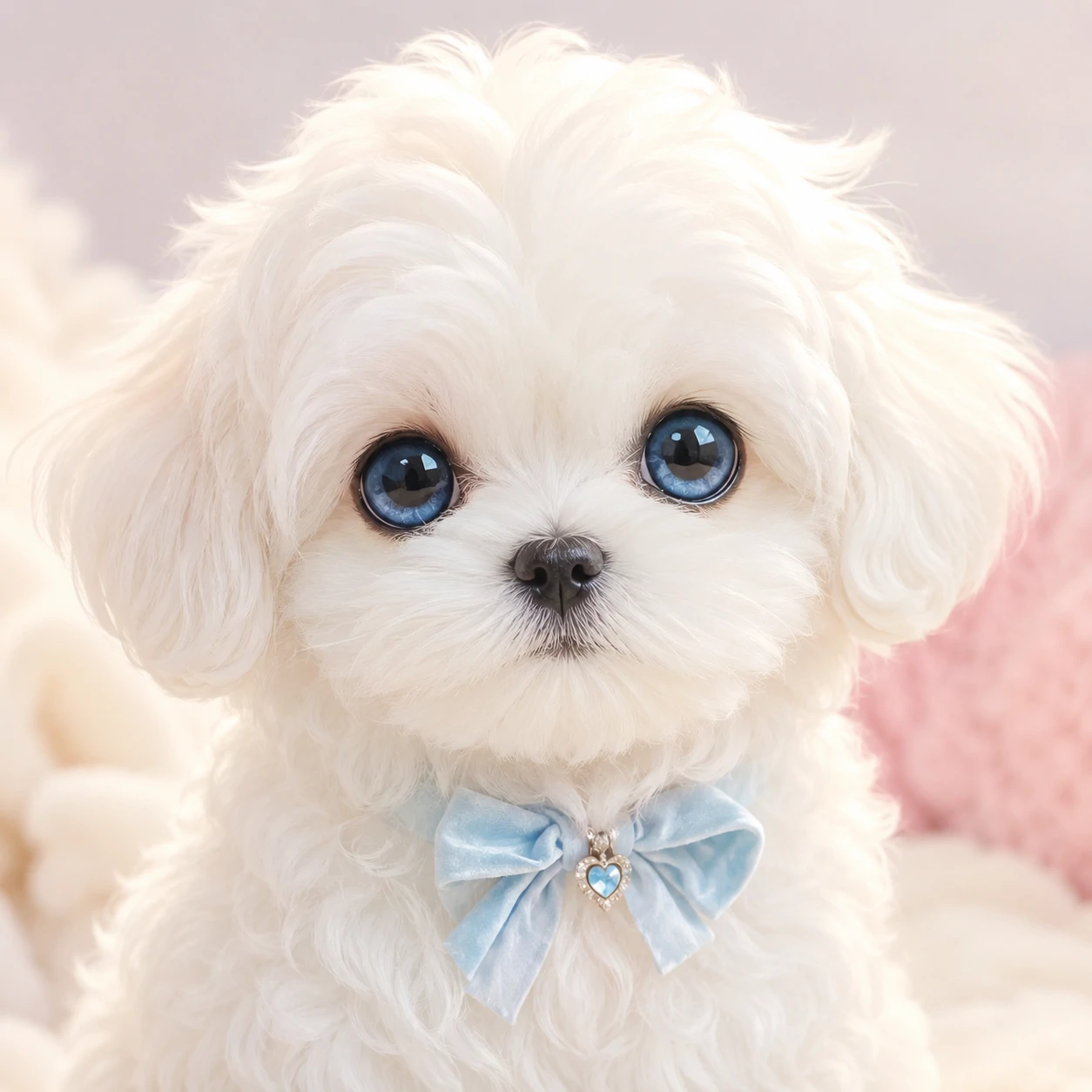Fluffy white puppy with oversized blue eyes framed in soft light