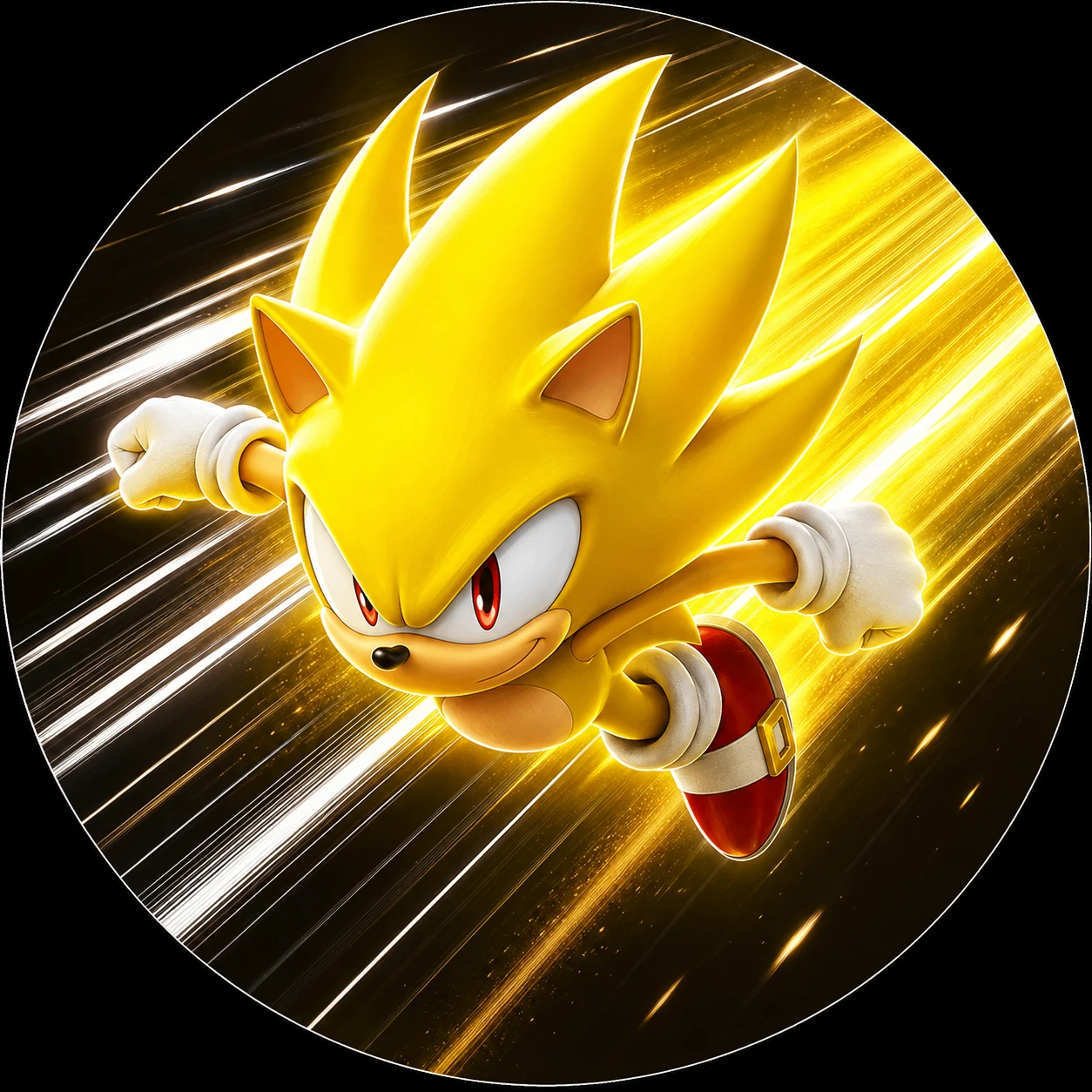 Flying mid-air Super Sonic icon with speed lines.