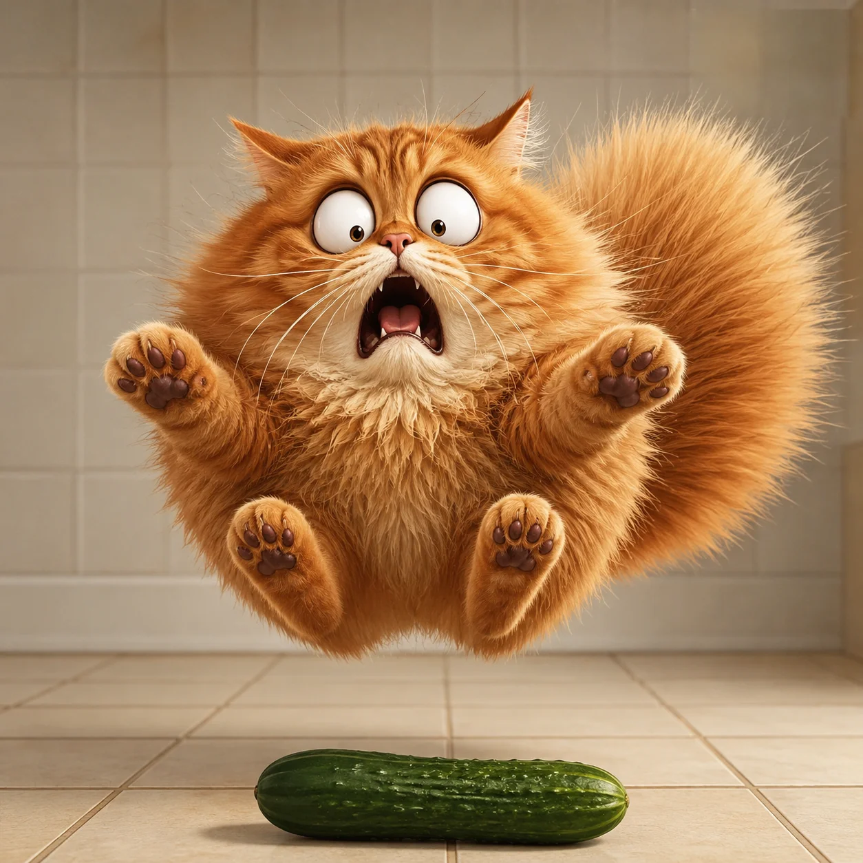 Funny scared cat pfp mid-jumpscare with cucumber for viral meme reaction profile-picture