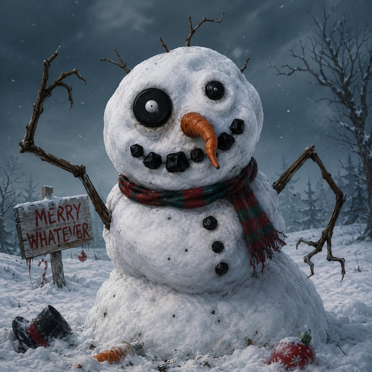 Funny Christmas PFP of a slightly cursed snowman with uneven eyes and a crooked carrot nose