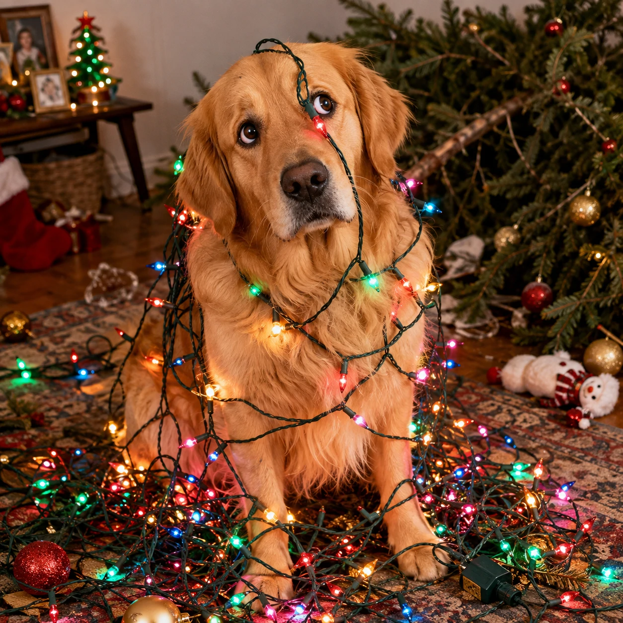 Funny Christmas PFP of a golden retriever tangled in string lights with a guilty expression