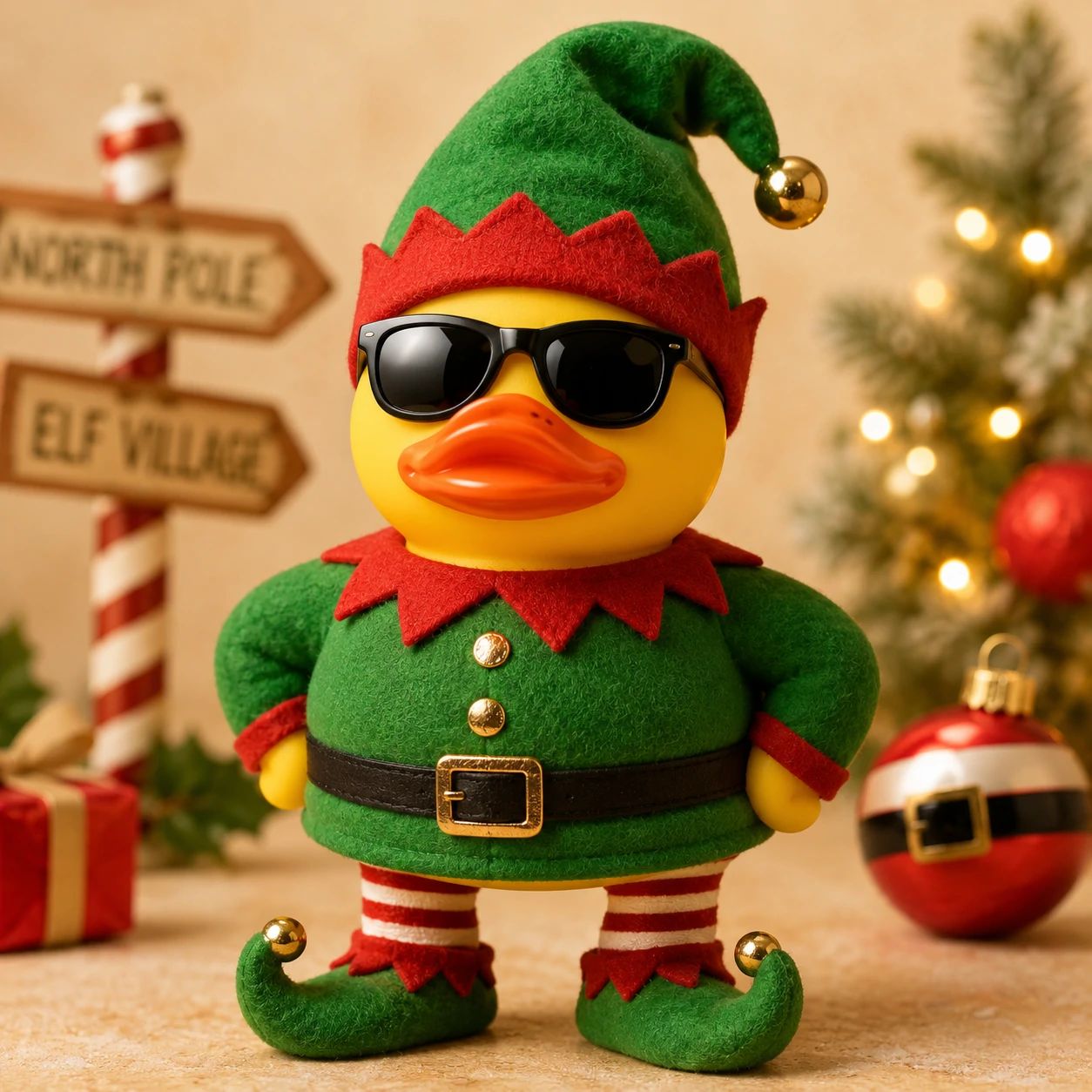 Funny Christmas PFP of a rubber duck dressed in a full green elf costume with pointy hat