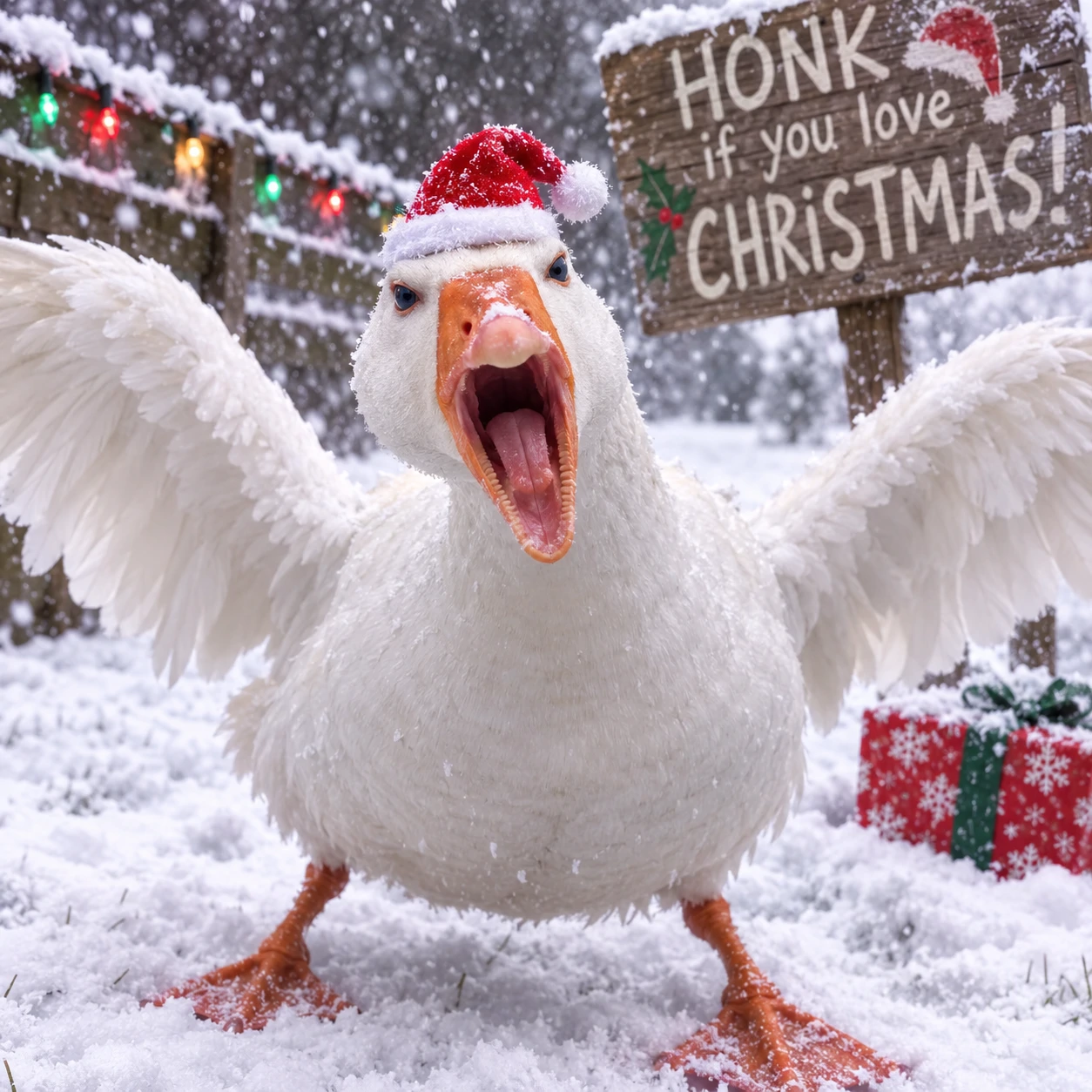 Funny Christmas PFP of a goose honking angrily while wearing a tiny Santa hat