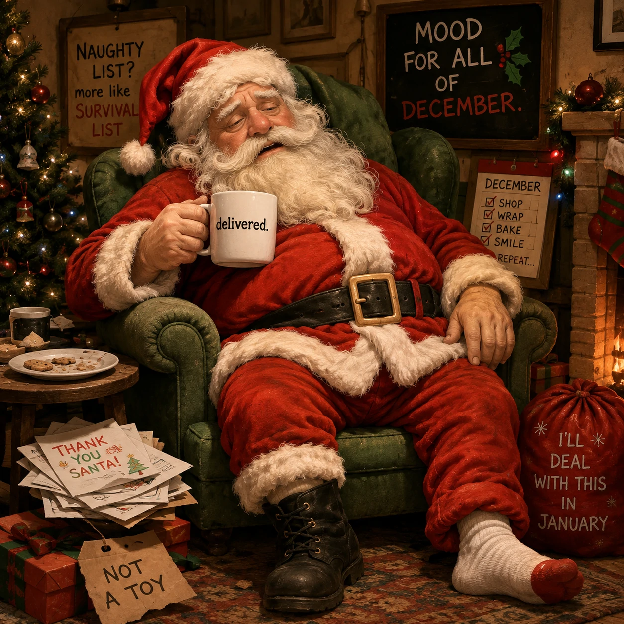 Funny Christmas PFP of a tired-looking cartoon Santa slumped in an armchair holding a mug