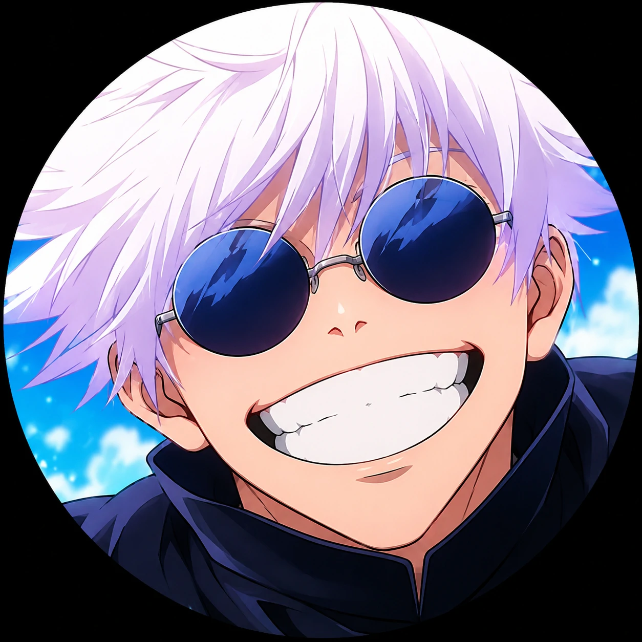 Funny Gojo profile picture with wide grin and bright anime close-up