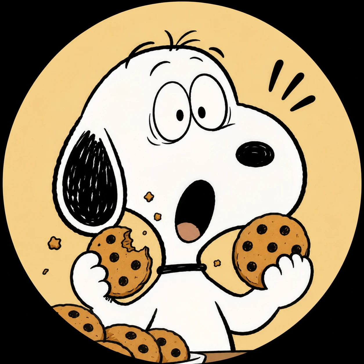 Snoopy holding cookies with a funny surprised face in a profile picture