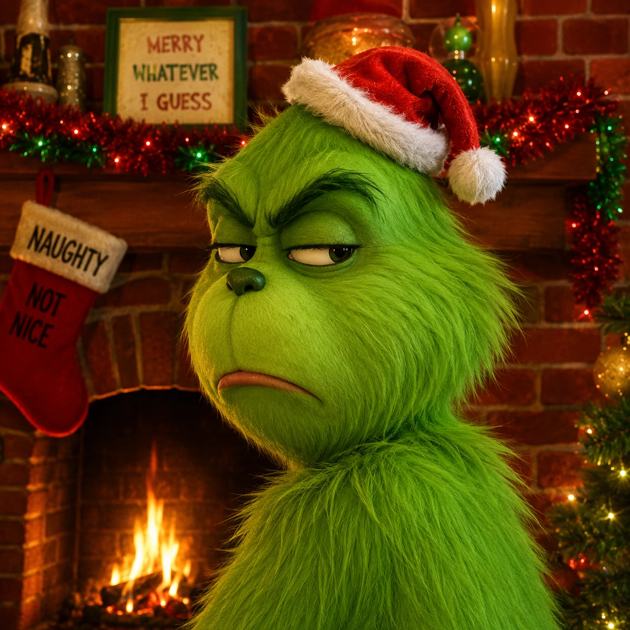 Funny Christmas PFP of a Grinch-style green character giving a side-eye with a small Santa hat