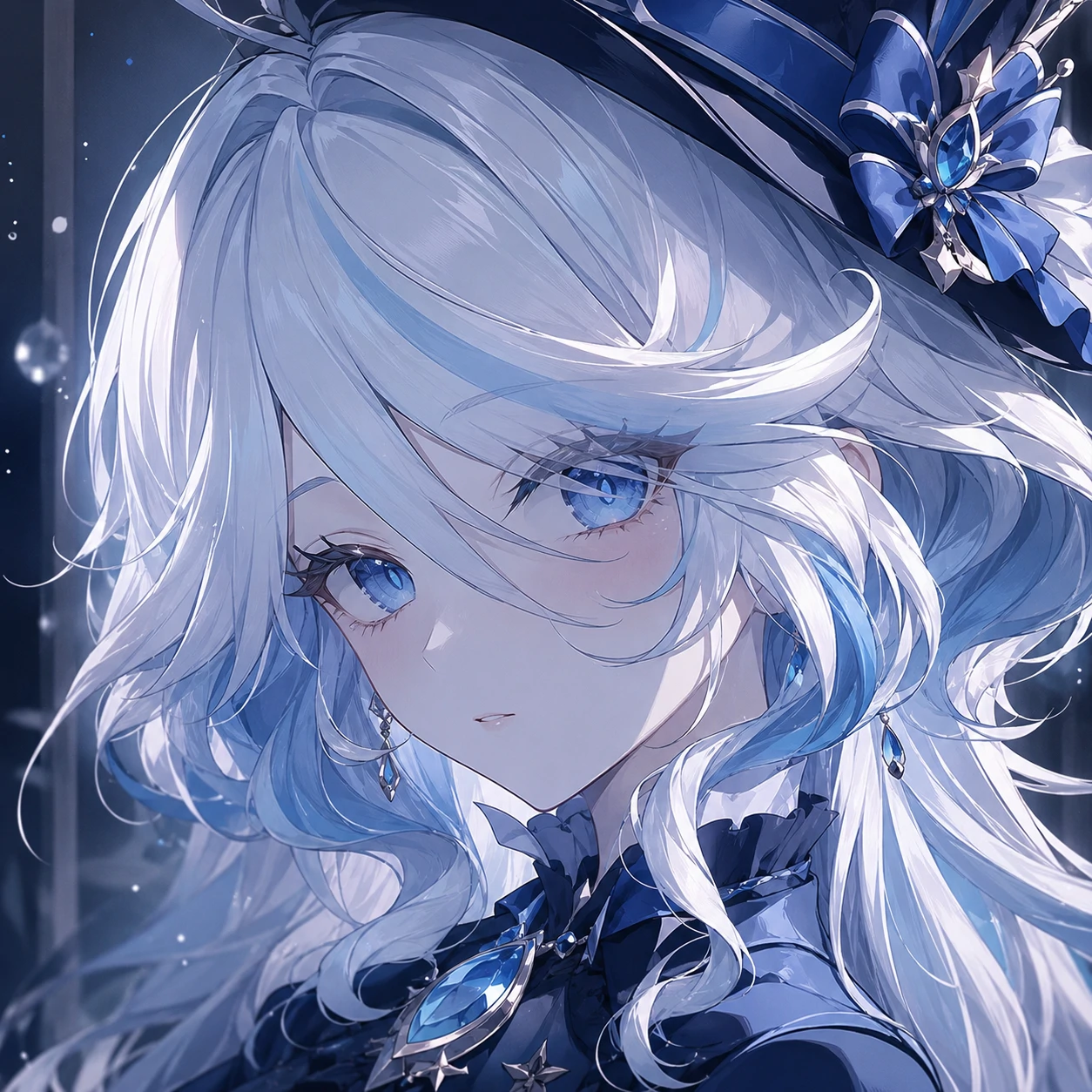 furina-aesthetic-pfp-silver-blue-crop Furina aesthetic pfp with silver-blue shading and close portrait composition