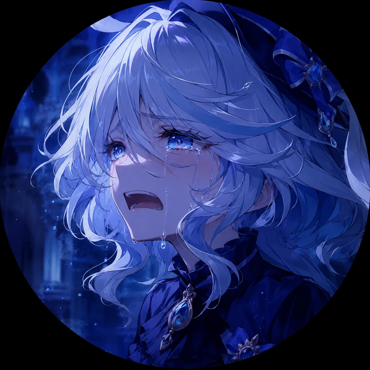 furina-crying-pfp-blue-gloom Furina crying pfp with blue gloom tones and emotional anime expression
