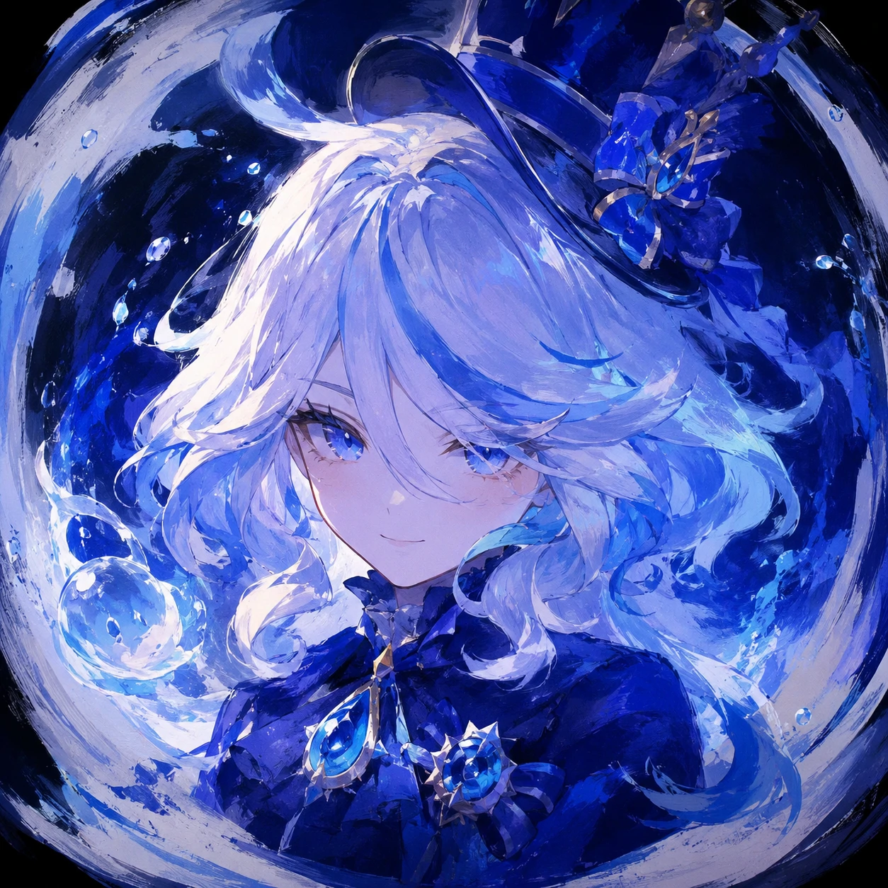 furina-fanart-pfp-brushstroke-hydro Furina fanart pfp with painterly brushstrokes and glowing Hydro blue accents