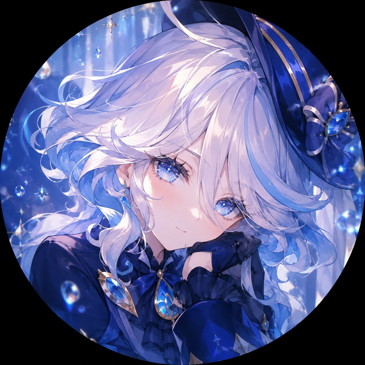furina-fanart-pfp-glitter-eyes Furina fanart icon with glitter eyes and luminous blue anime detailing