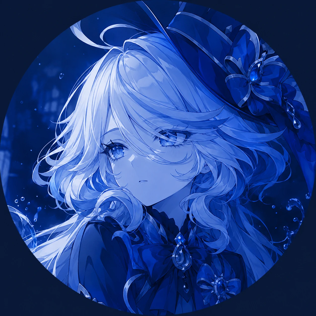 furina-fanart-pfp-monochrome-blue Furina fanart pfp in monochrome blue tones with expressive portrait framing