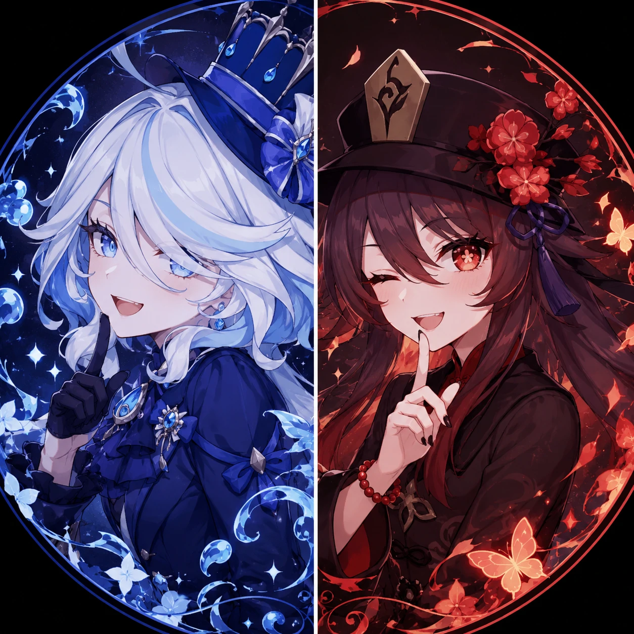 furina-hu-tao-matching-pfp-contrast Furina and Hu Tao matching pfp with blue-red contrast and paired expressions