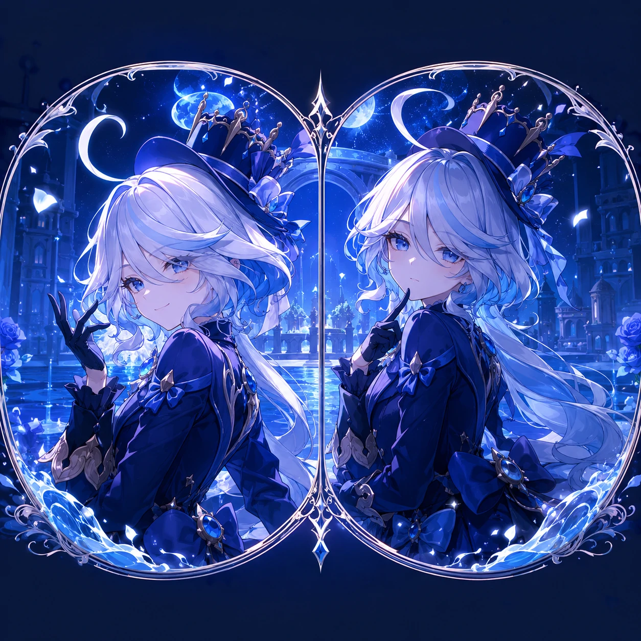 Furina matching icons with split-scene design and coordinated blue anime lighting
