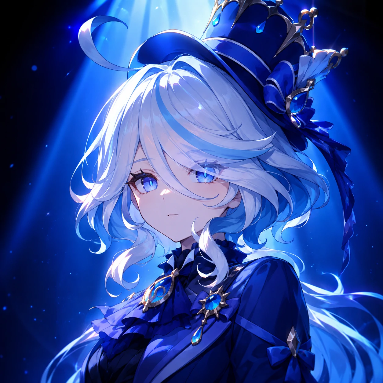 furina-pfp-4k-blue-spotlight Furina profile picture 4k with blue spotlight and crisp anime shading