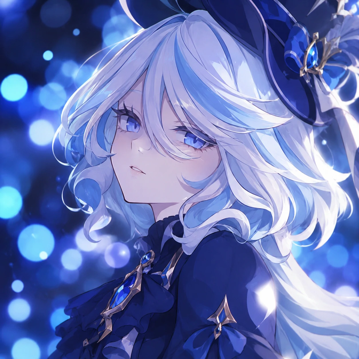 furina-pfp-aesthetic-blue-bokeh Furina pfp aesthetic with blue bokeh background and graceful anime portrait