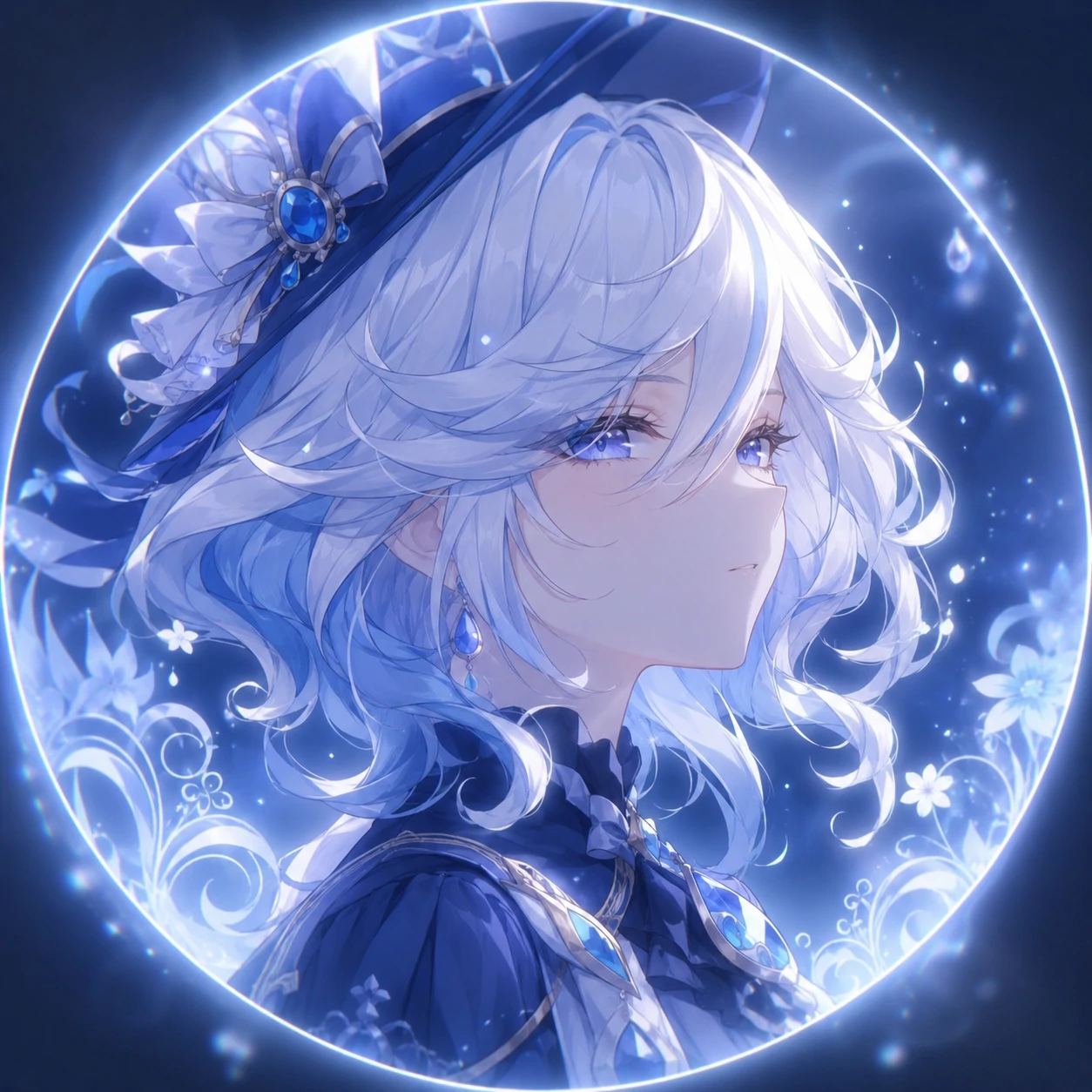 furina-pfp-aesthetic-soft-glow Furina pfp aesthetic with soft glow lighting and elegant blue-white tones