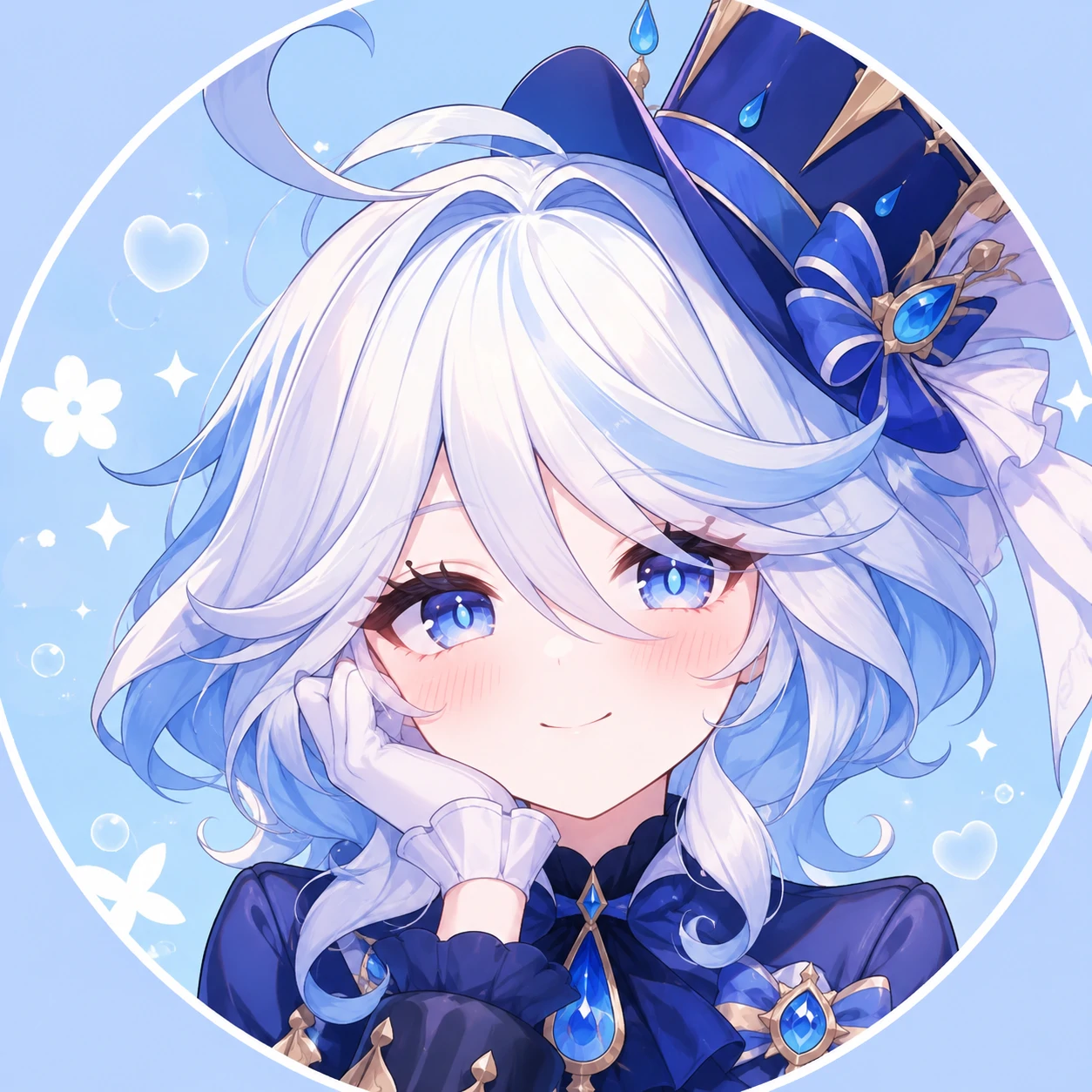 furina-pfp-cute-blushing-smile Cute Furina pfp with a blushing smile and soft blue pastel background